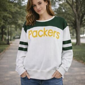 Junk Food Women's SZ M Green Bay Packets Crew Neck Sweatshirt White Gold Green